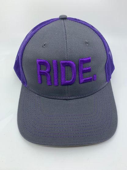 Equestrian Team Apparel Custom Team Hats Purple/Grey Trucker Cap-RIDE. equestrian team apparel online tack store mobile tack store custom farm apparel custom show stable clothing equestrian lifestyle horse show clothing riding clothes horses equestrian tack store