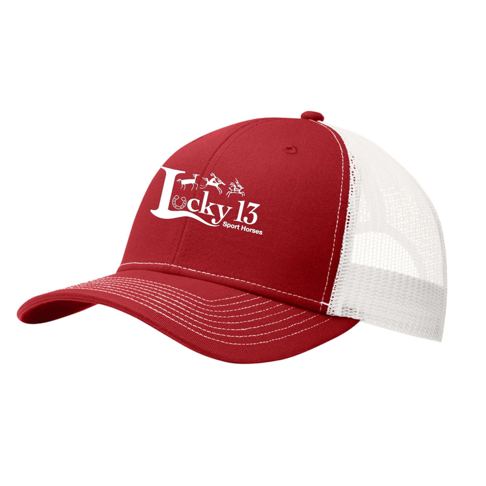 Equestrian Team Apparel Red/White Lucky 13 Sport Horses - Trucker Cap equestrian team apparel online tack store mobile tack store custom farm apparel custom show stable clothing equestrian lifestyle horse show clothing riding clothes Lucky 13 Sport Horses - Trucker Cap horses equestrian tack store
