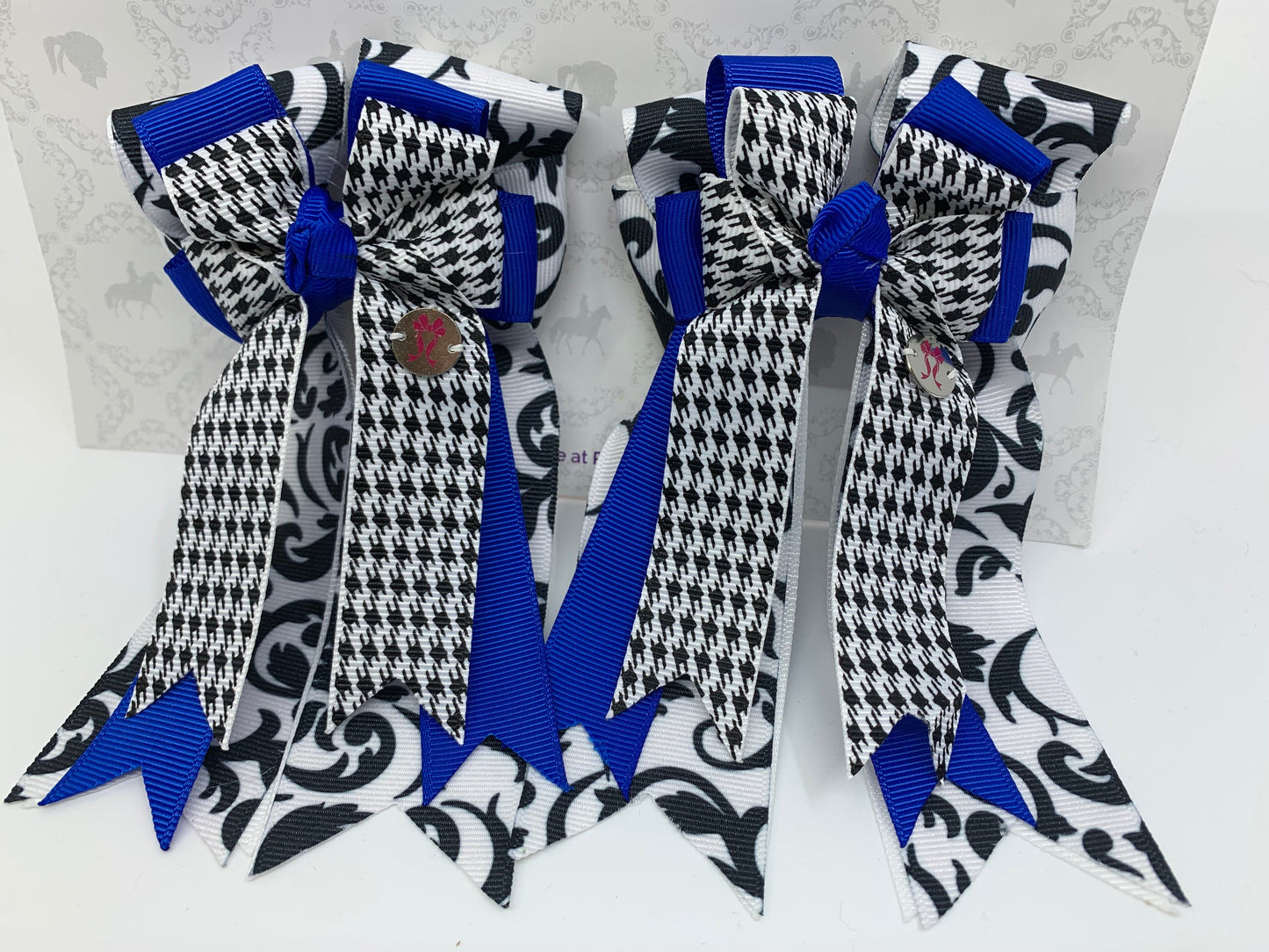 PonyTail Bows 3" Tails PonyTail Bows- Royal Blue/ B&W Damask equestrian team apparel online tack store mobile tack store custom farm apparel custom show stable clothing equestrian lifestyle horse show clothing riding clothes PonyTail Bows | Equestrian Hair Accessories horses equestrian tack store