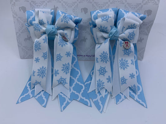 PonyTail Bows 3" Tails PonyTail Bows- Ice Blue Snowflakes equestrian team apparel online tack store mobile tack store custom farm apparel custom show stable clothing equestrian lifestyle horse show clothing riding clothes PonyTail Bows | Equestrian Hair Accessories horses equestrian tack store