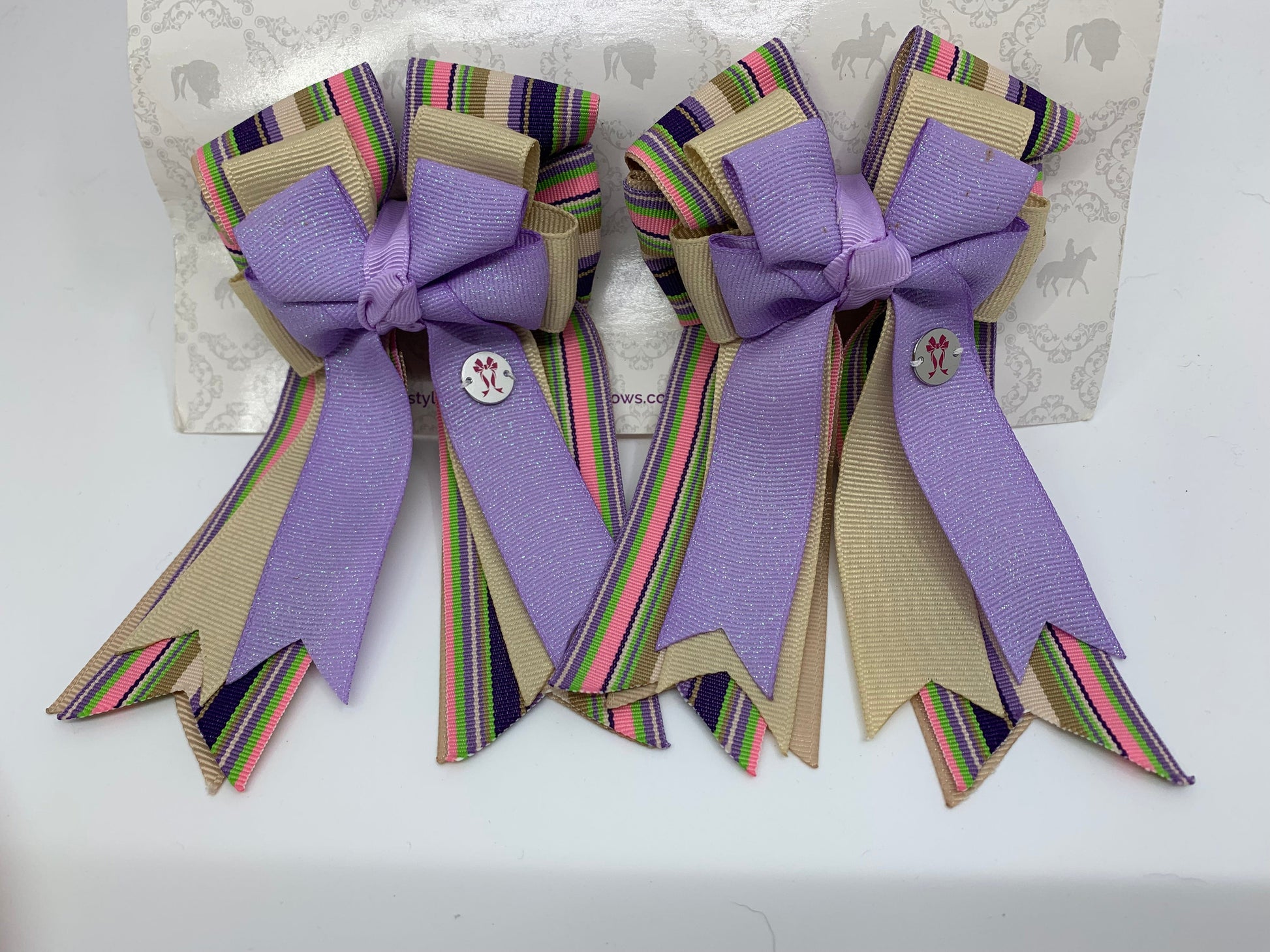 PonyTail Bows 3" Tails PonyTail Bows- Glitter Lavender& Cream Stripes equestrian team apparel online tack store mobile tack store custom farm apparel custom show stable clothing equestrian lifestyle horse show clothing riding clothes PonyTail Bows | Equestrian Hair Accessories horses equestrian tack store