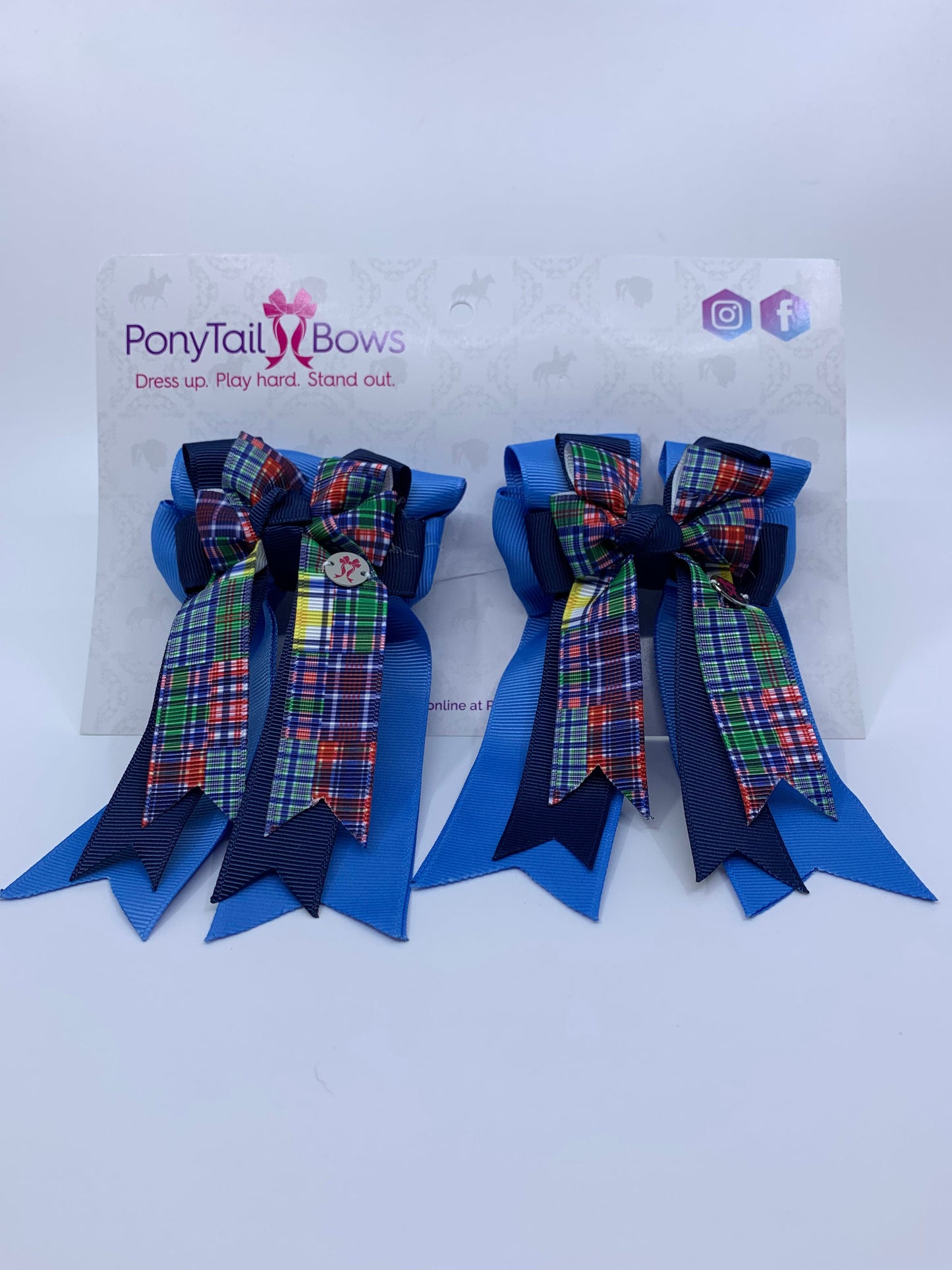 PonyTail Bows 3" Tails PonyTail Bows- Blue/Navy/Plaid equestrian team apparel online tack store mobile tack store custom farm apparel custom show stable clothing equestrian lifestyle horse show clothing riding clothes PonyTail Bows | Equestrian Hair Accessories horses equestrian tack store