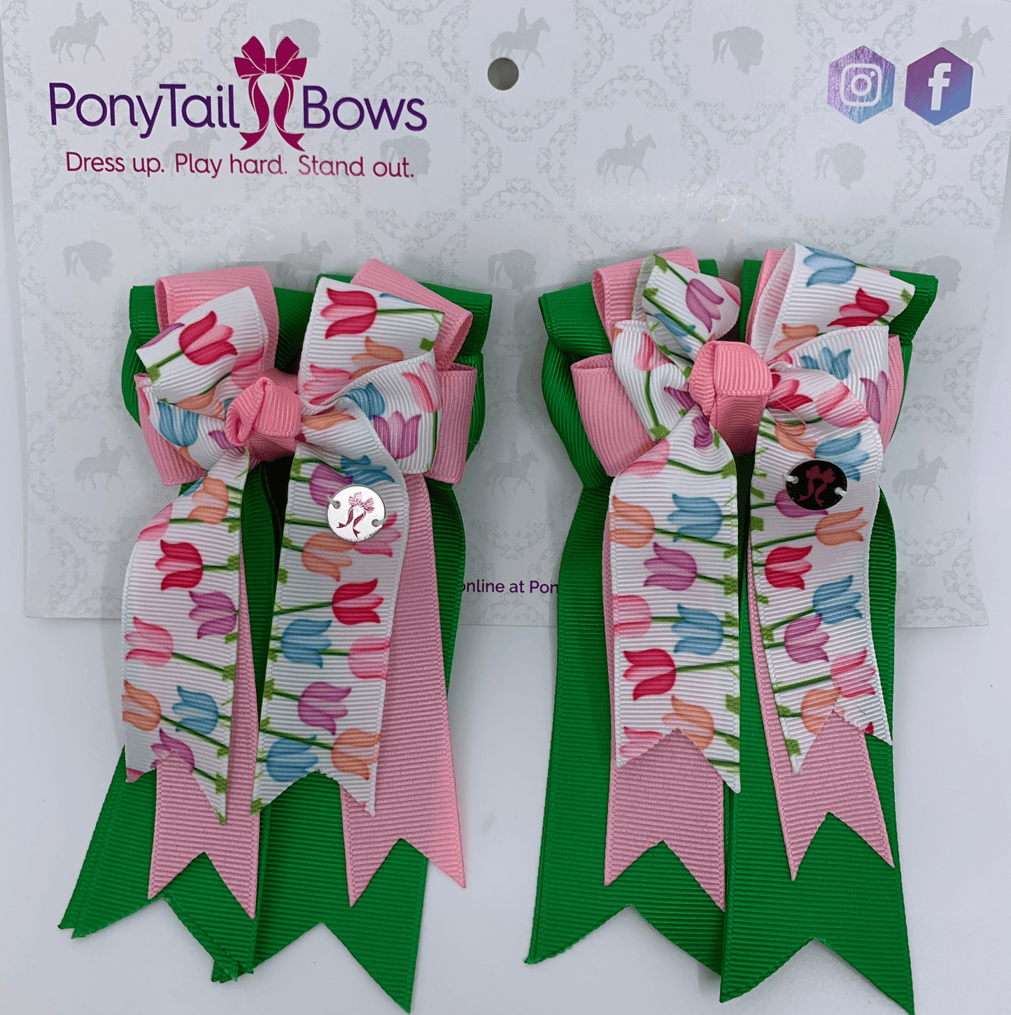 PonyTail Bows 3" Tails PonyTail Bows- Green Pink Tulips equestrian team apparel online tack store mobile tack store custom farm apparel custom show stable clothing equestrian lifestyle horse show clothing riding clothes PonyTail Bows | Equestrian Hair Accessories horses equestrian tack store