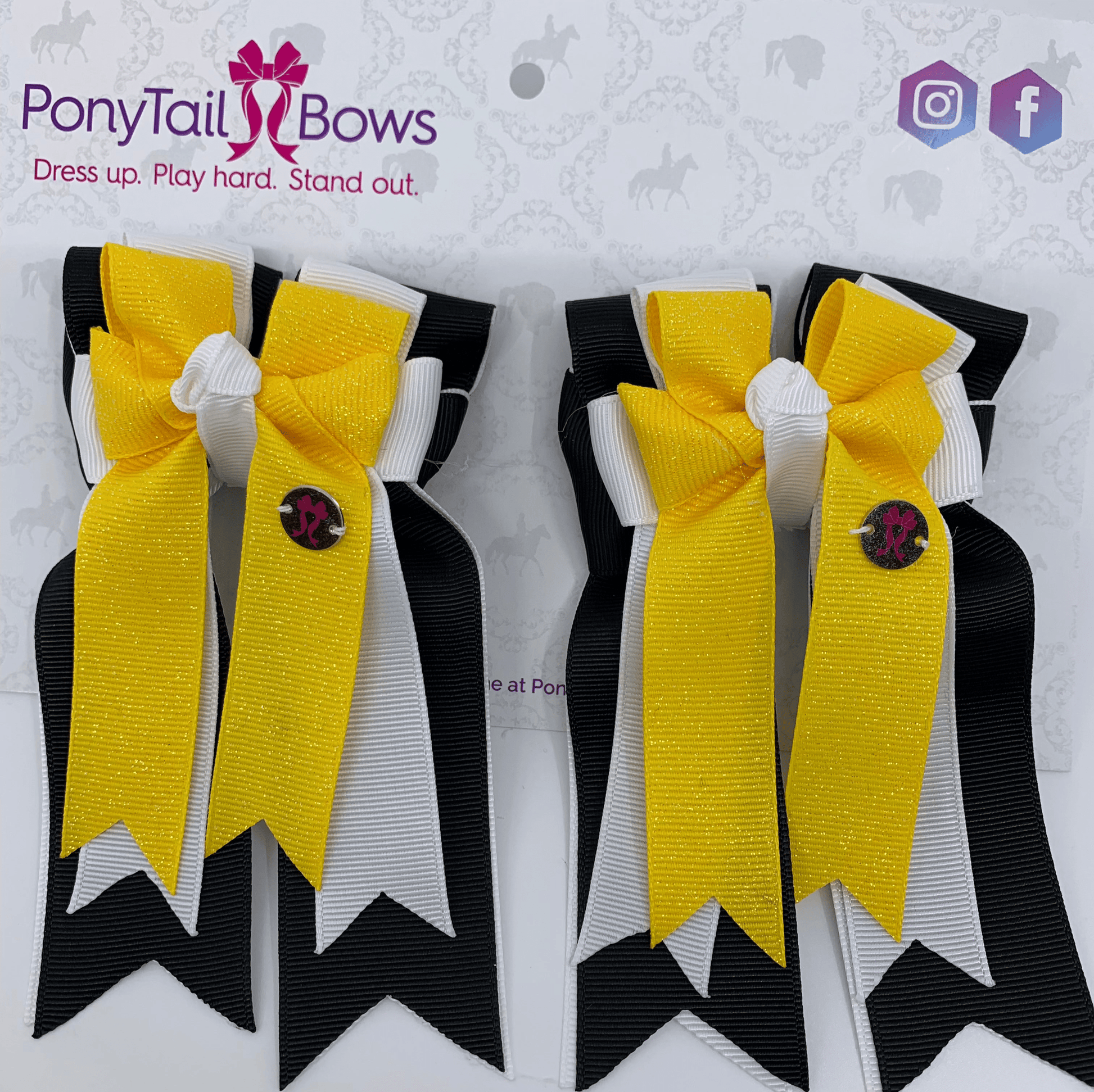 PonyTail Bows 3" Tails PonyTail Bows-Yellow White Black  PonyTail Bows equestrian team apparel online tack store mobile tack store custom farm apparel custom show stable clothing equestrian lifestyle horse show clothing riding clothes PonyTail Bows | Equestrian Hair Accessories horses equestrian tack store