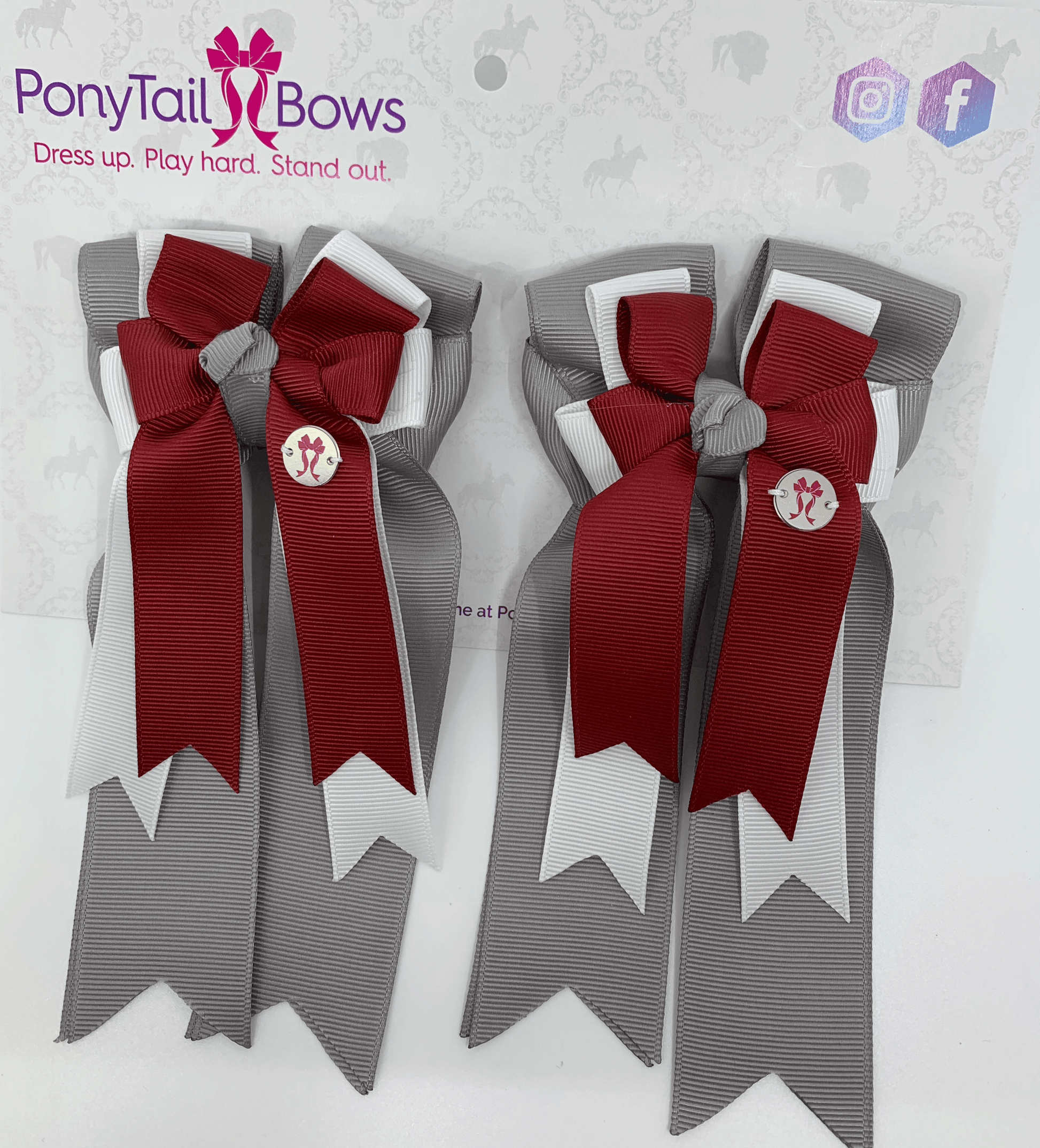 PonyTail Bows 3" Tails PonyTail Bows- Merlot White Silver equestrian team apparel online tack store mobile tack store custom farm apparel custom show stable clothing equestrian lifestyle horse show clothing riding clothes PonyTail Bows | Equestrian Hair Accessories horses equestrian tack store