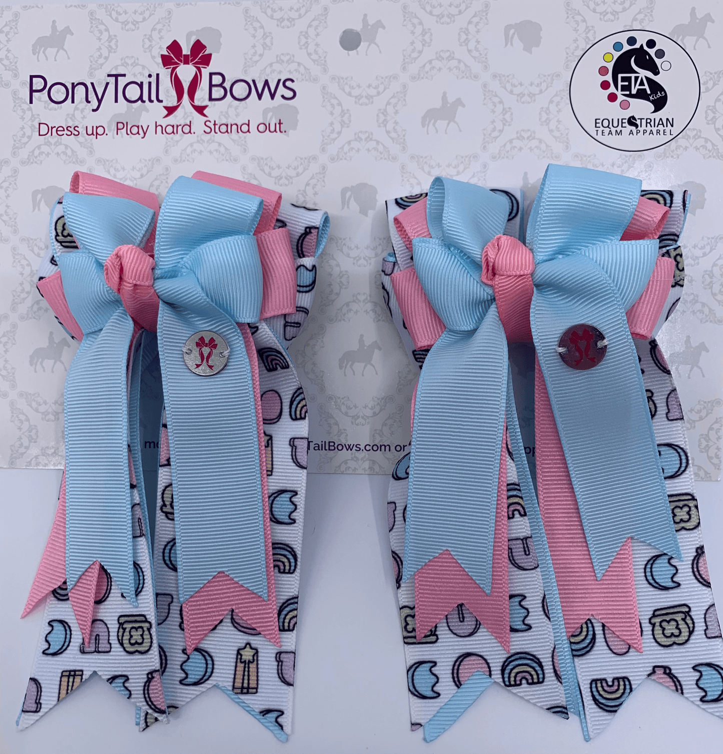 PonyTail Bows 3" Tails PonyTail Bows- Blue Pink Lucky Charms equestrian team apparel online tack store mobile tack store custom farm apparel custom show stable clothing equestrian lifestyle horse show clothing riding clothes PonyTail Bows | Equestrian Hair Accessories horses equestrian tack store