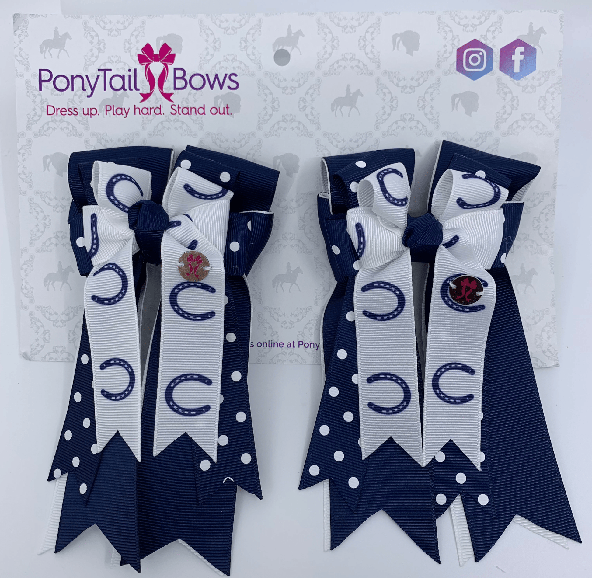 PonyTail Bows 3" Tails PonyTail Bows- Navy Polka Horse Shoes equestrian team apparel online tack store mobile tack store custom farm apparel custom show stable clothing equestrian lifestyle horse show clothing riding clothes PonyTail Bows | Equestrian Hair Accessories horses equestrian tack store