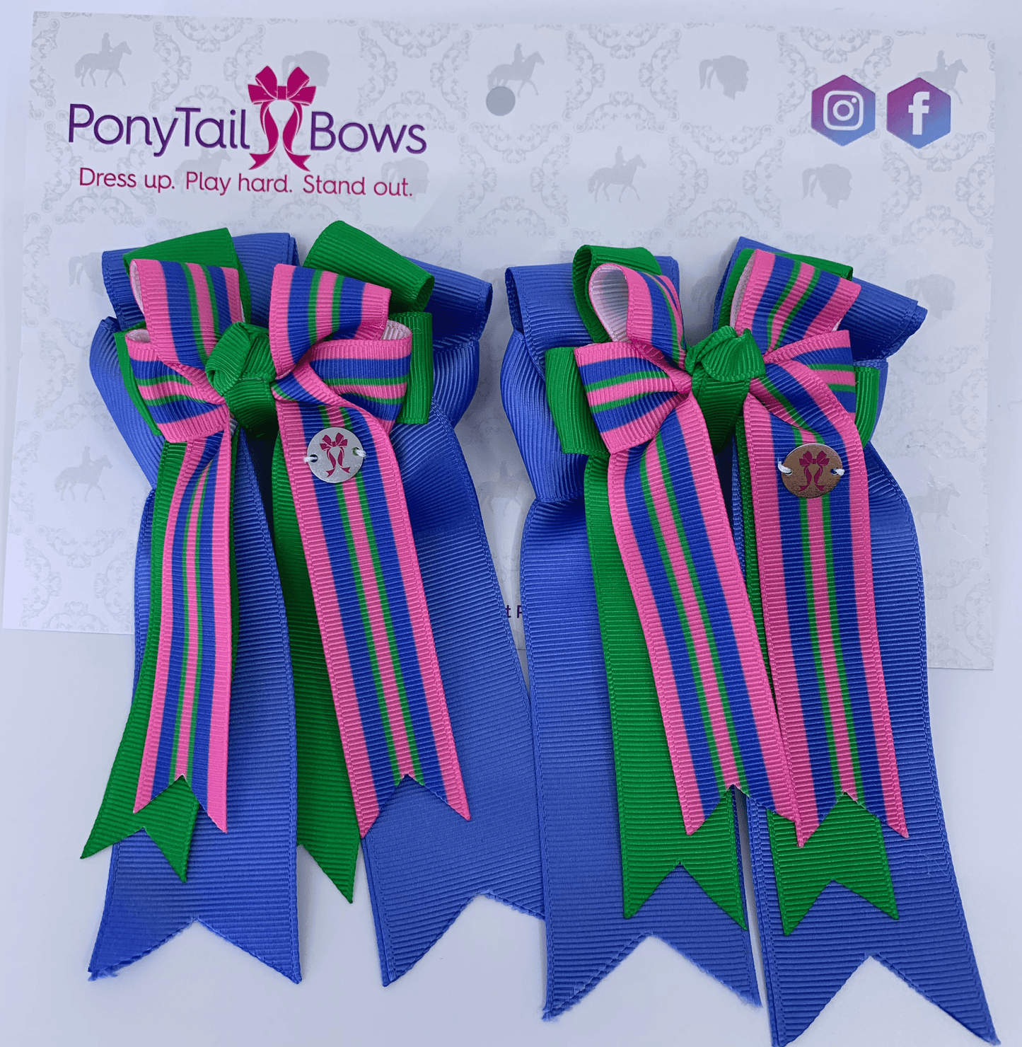 PonyTail Bows 3" Tails PonyTail Bows- Pink Stripe Green Blue equestrian team apparel online tack store mobile tack store custom farm apparel custom show stable clothing equestrian lifestyle horse show clothing riding clothes PonyTail Bows | Equestrian Hair Accessories horses equestrian tack store