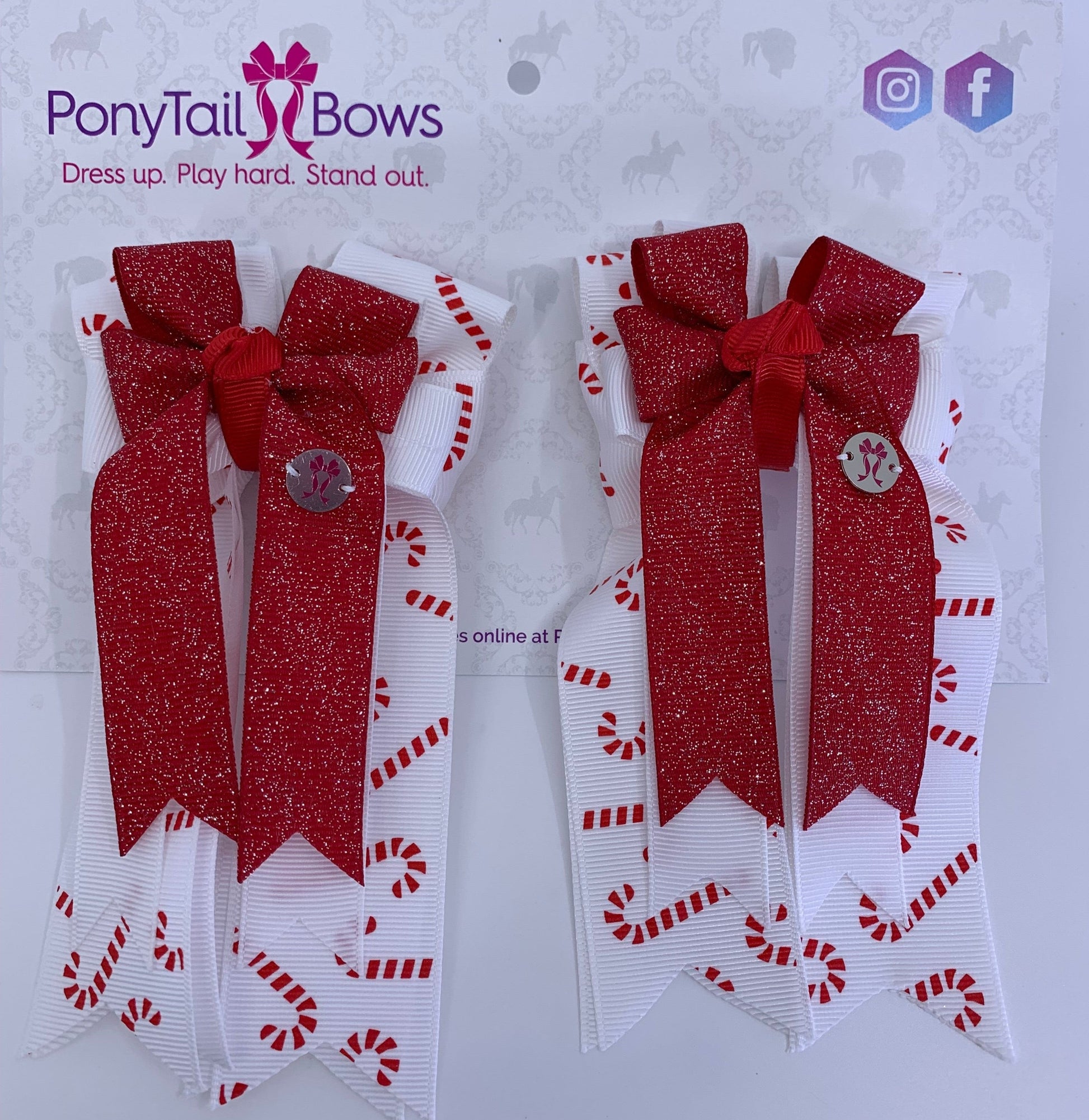 PonyTail Bows 3" Tails PonyTail Bows- White with Red Candy Canes equestrian team apparel online tack store mobile tack store custom farm apparel custom show stable clothing equestrian lifestyle horse show clothing riding clothes PonyTail Bows | Equestrian Hair Accessories horses equestrian tack store