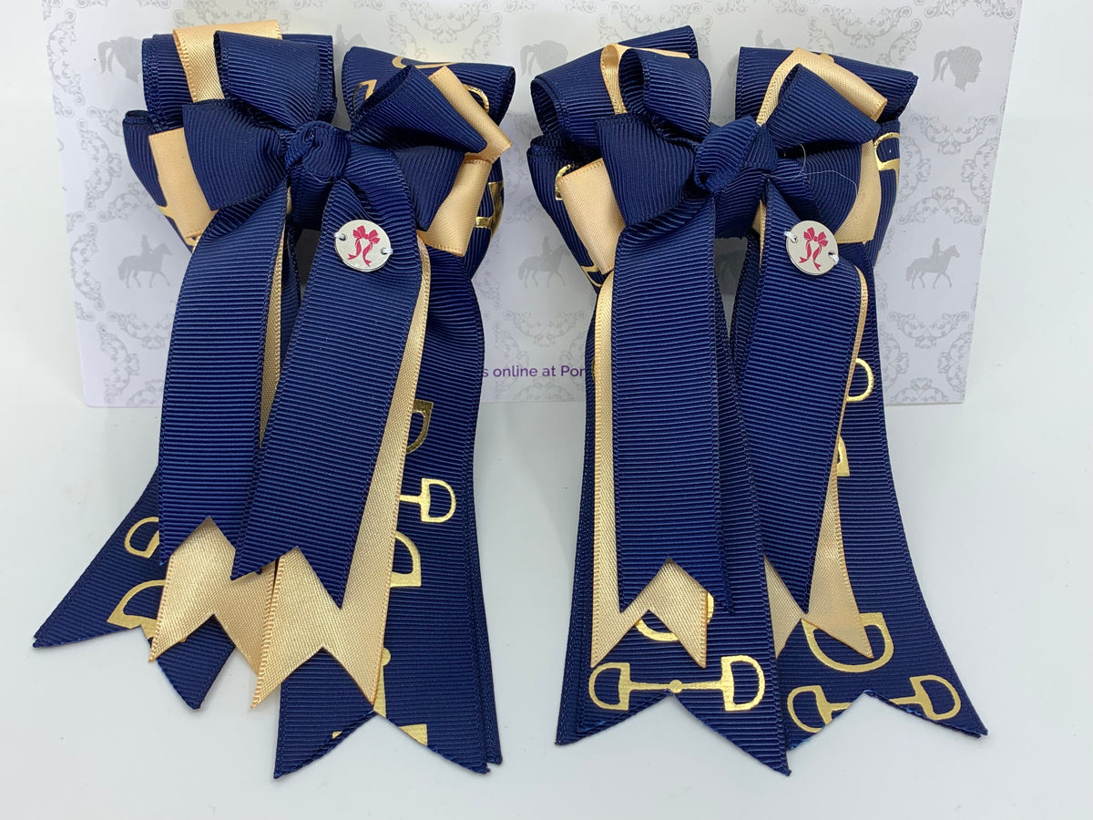 PonyTail Bows 3" Tails PonyTail Bows- Gold Navy Bits equestrian team apparel online tack store mobile tack store custom farm apparel custom show stable clothing equestrian lifestyle horse show clothing riding clothes PonyTail Bows | Equestrian Hair Accessories horses equestrian tack store