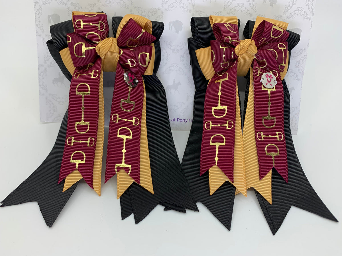 PonyTail Bows 3" Tails PonyTail Bows- Burgundy/Gold/Black Bits equestrian team apparel online tack store mobile tack store custom farm apparel custom show stable clothing equestrian lifestyle horse show clothing riding clothes PonyTail Bows | Equestrian Hair Accessories horses equestrian tack store