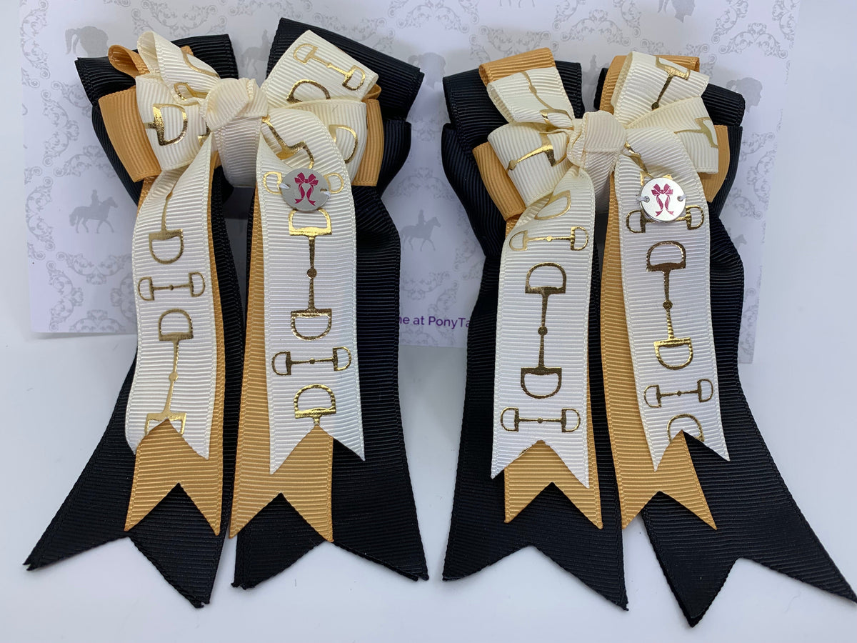 PonyTail Bows 3" Tails PonyTail Bows- Ivory/Gold/Black Bits equestrian team apparel online tack store mobile tack store custom farm apparel custom show stable clothing equestrian lifestyle horse show clothing riding clothes PonyTail Bows | Equestrian Hair Accessories horses equestrian tack store