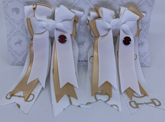 PonyTail Bows 3" Tails PonyTail Bows- White/Gold Bits equestrian team apparel online tack store mobile tack store custom farm apparel custom show stable clothing equestrian lifestyle horse show clothing riding clothes PonyTail Bows | Equestrian Hair Accessories horses equestrian tack store