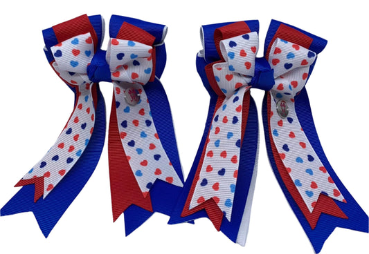 Ponytail Bows Online 3" Tails Pony Tail Bows- Hearts (Red/White/Blue) equestrian team apparel online tack store mobile tack store custom farm apparel custom show stable clothing equestrian lifestyle horse show clothing riding clothes Pony Tail Bows- Hearts (Red/White/Blue) horses equestrian tack store