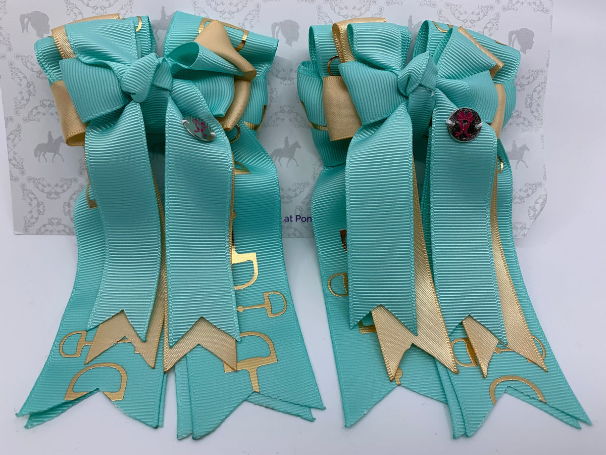 PonyTail Bows 3" Tails PonyTail Bows- Light Turquoise/Gold Bits equestrian team apparel online tack store mobile tack store custom farm apparel custom show stable clothing equestrian lifestyle horse show clothing riding clothes PonyTail Bows | Equestrian Hair Accessories horses equestrian tack store
