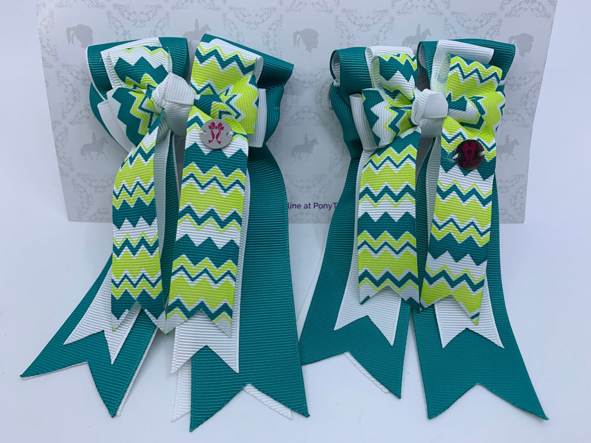 PonyTail Bows 3" Tails PonyTail Bows- Teal White Chevron equestrian team apparel online tack store mobile tack store custom farm apparel custom show stable clothing equestrian lifestyle horse show clothing riding clothes PonyTail Bows | Equestrian Hair Accessories horses equestrian tack store