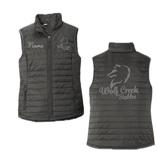 Equestrian Team Apparel Wolf Creek Stables Adult Puffy Vest equestrian team apparel online tack store mobile tack store custom farm apparel custom show stable clothing equestrian lifestyle horse show clothing riding clothes Wolf Creek Stables Adult Puffy Vest horses equestrian tack store