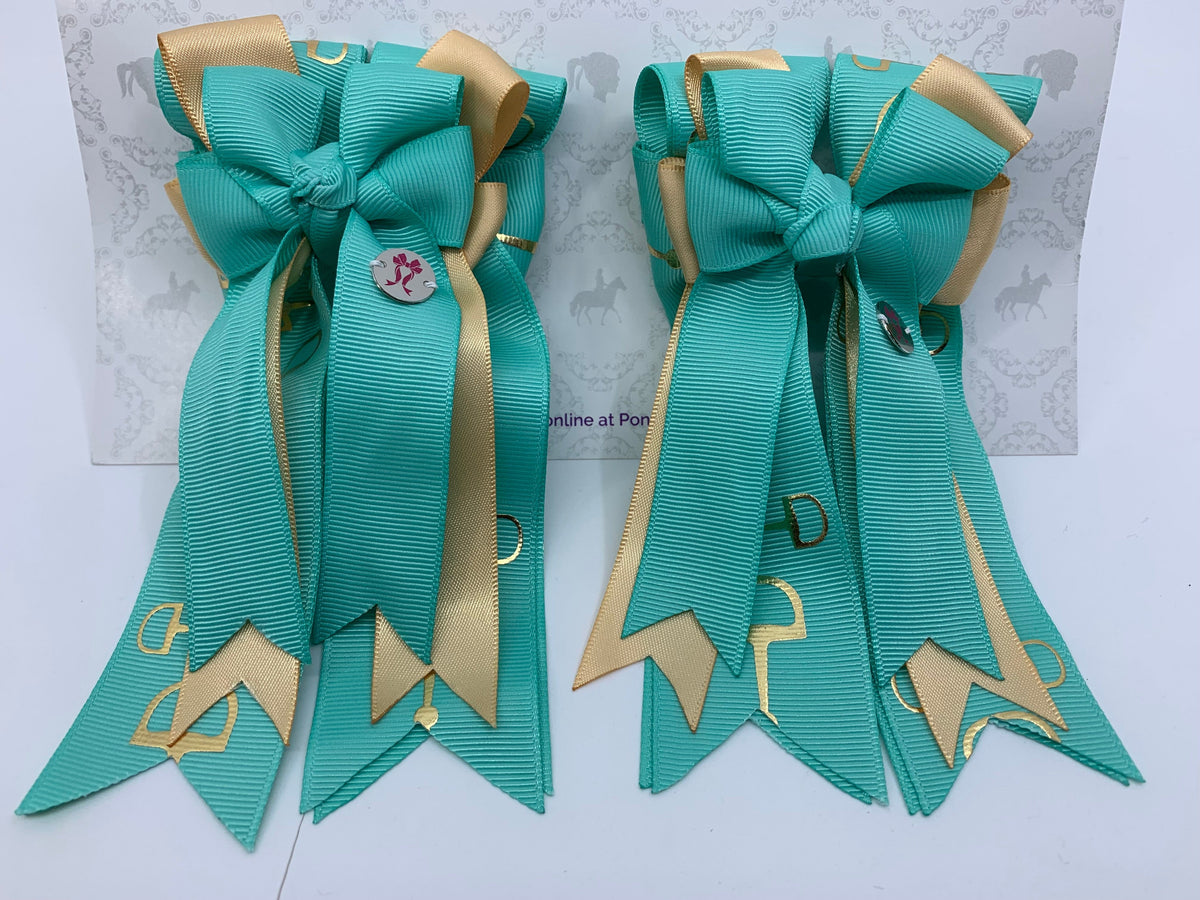 PonyTail Bows 3" Tails PonyTail Bows- Mint Green/Gold Bits equestrian team apparel online tack store mobile tack store custom farm apparel custom show stable clothing equestrian lifestyle horse show clothing riding clothes PonyTail Bows | Equestrian Hair Accessories horses equestrian tack store