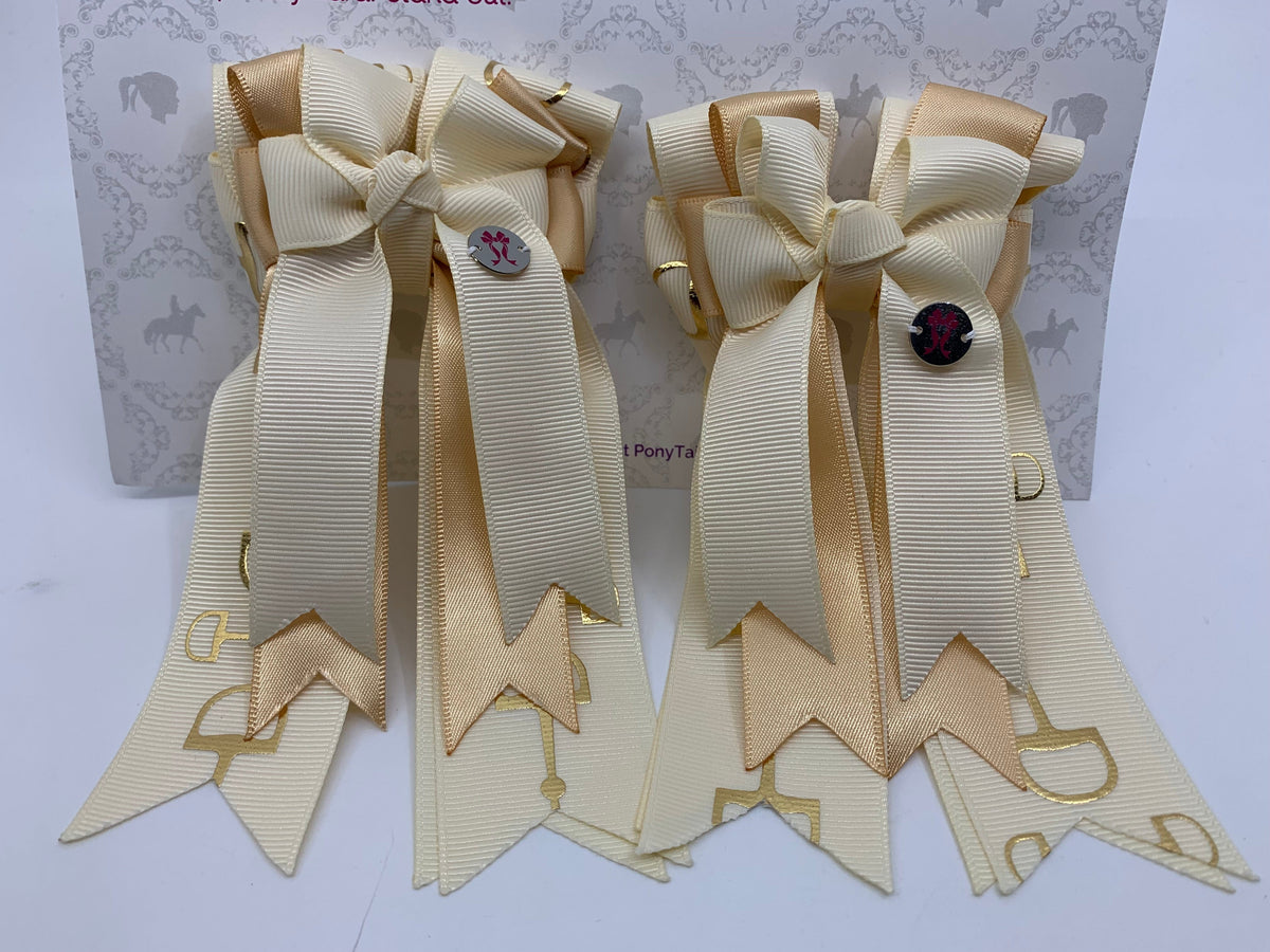PonyTail Bows 3" Tails PonyTail Bows- Cream/Gold Bits equestrian team apparel online tack store mobile tack store custom farm apparel custom show stable clothing equestrian lifestyle horse show clothing riding clothes PonyTail Bows | Equestrian Hair Accessories horses equestrian tack store
