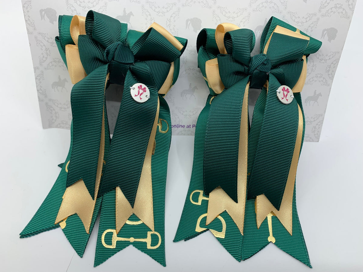 PonyTail Bows 3" Tails PonyTail Bows- Gold Hunter Green Bits equestrian team apparel online tack store mobile tack store custom farm apparel custom show stable clothing equestrian lifestyle horse show clothing riding clothes PonyTail Bows | Equestrian Hair Accessories horses equestrian tack store