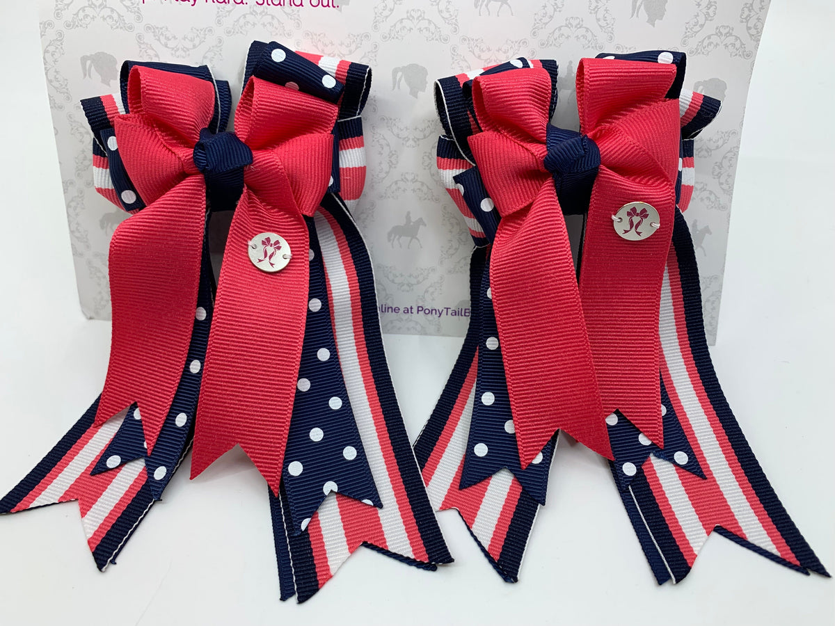 PonyTail Bows 3" Tails PonyTail Bows- Navy Pink Stripes/Polka Dots equestrian team apparel online tack store mobile tack store custom farm apparel custom show stable clothing equestrian lifestyle horse show clothing riding clothes PonyTail Bows | Equestrian Hair Accessories horses equestrian tack store