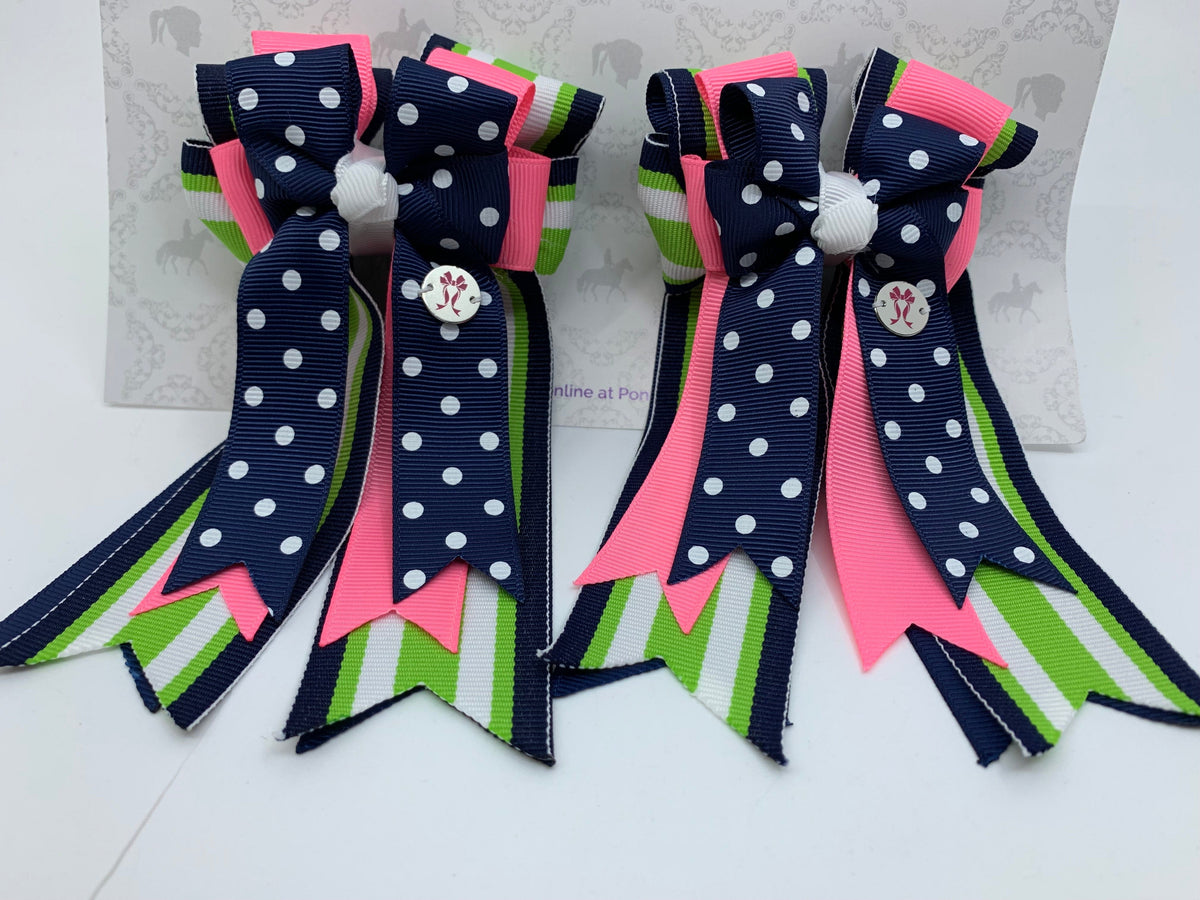 PonyTail Bows 3" Tails PonyTail Bows- Navy Green Stripes/Polka Dots equestrian team apparel online tack store mobile tack store custom farm apparel custom show stable clothing equestrian lifestyle horse show clothing riding clothes PonyTail Bows | Equestrian Hair Accessories horses equestrian tack store