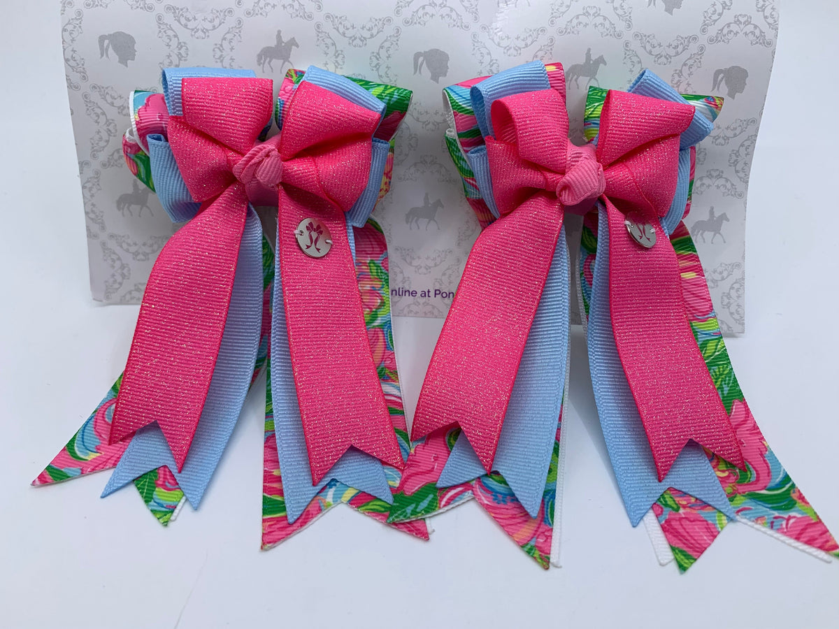 PonyTail Bows 3" Tails PonyTail Bows- Pink Glitter/Blue Spring equestrian team apparel online tack store mobile tack store custom farm apparel custom show stable clothing equestrian lifestyle horse show clothing riding clothes PonyTail Bows | Equestrian Hair Accessories horses equestrian tack store