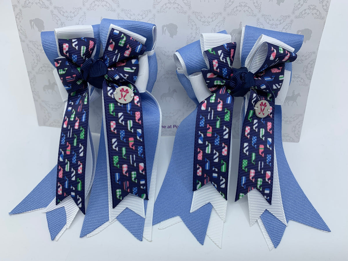 PonyTail Bows 3" Tails PonyTail Bows- Blue/White Whales equestrian team apparel online tack store mobile tack store custom farm apparel custom show stable clothing equestrian lifestyle horse show clothing riding clothes PonyTail Bows | Equestrian Hair Accessories horses equestrian tack store