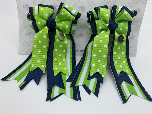 PonyTail Bows 3" Tails PonyTail Bows- Green Polka Dots/Navy equestrian team apparel online tack store mobile tack store custom farm apparel custom show stable clothing equestrian lifestyle horse show clothing riding clothes PonyTail Bows | Equestrian Hair Accessories horses equestrian tack store