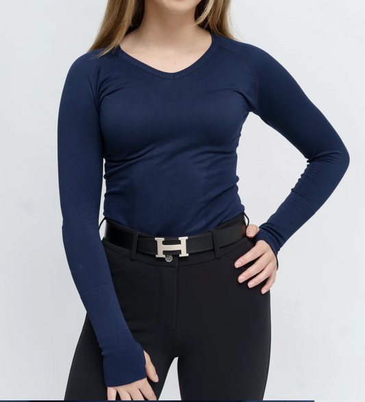 TKEQ- Kennedy Seamless Long Sleeve  V Neck (Navy)