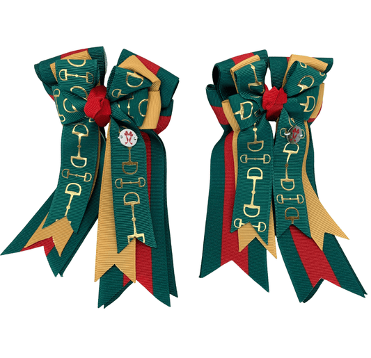 Ponytail Bows Online 3" Tails PonyTail Bows- Green Gold Striped Bits equestrian team apparel online tack store mobile tack store custom farm apparel custom show stable clothing equestrian lifestyle horse show clothing riding clothes PonyTail Bows- Green Gold Striped Bits horses equestrian tack store
