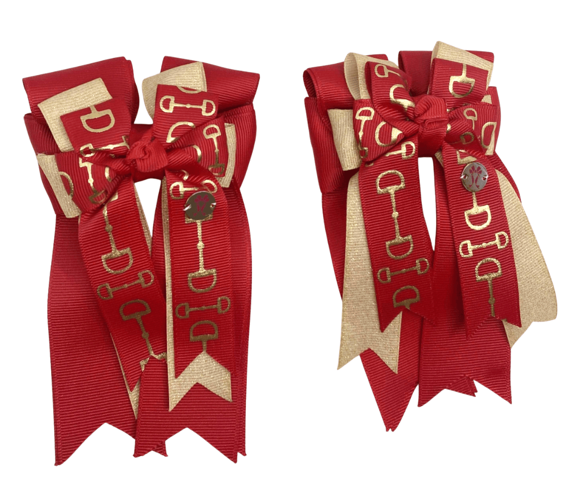 Ponytail Bows Online 3" Tails Red Gold Bits PonyTail Bows equestrian team apparel online tack store mobile tack store custom farm apparel custom show stable clothing equestrian lifestyle horse show clothing riding clothes Red Gold Bits PonyTail Bows horses equestrian tack store