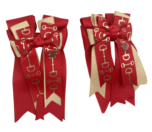 Ponytail Bows Online 3" Tails Red Gold Bits PonyTail Bows equestrian team apparel online tack store mobile tack store custom farm apparel custom show stable clothing equestrian lifestyle horse show clothing riding clothes Red Gold Bits PonyTail Bows horses equestrian tack store
