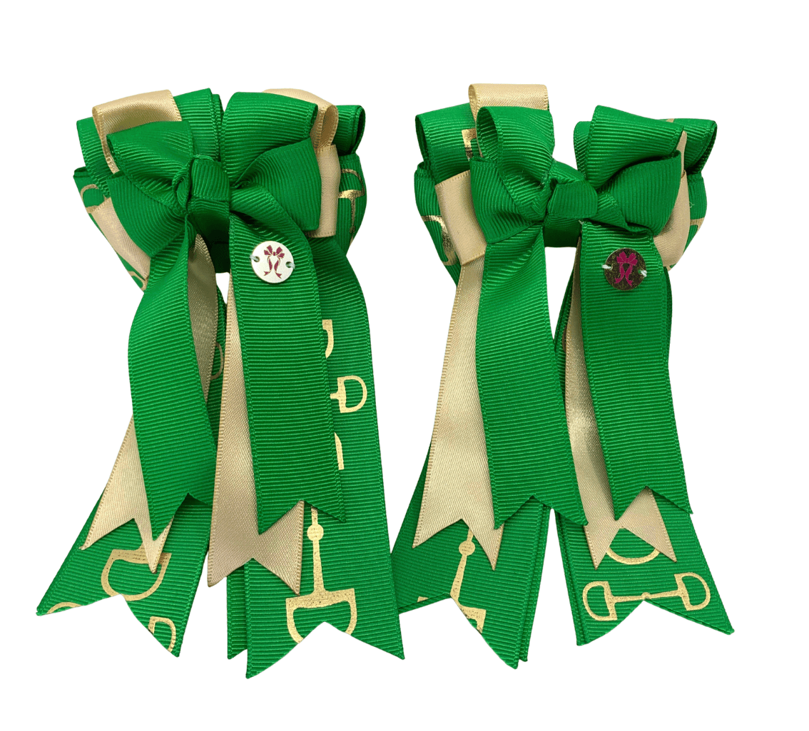 Ponytail Bows Online 3" Tails PonyTail Bows-Good Luck Gold Green Bits equestrian team apparel online tack store mobile tack store custom farm apparel custom show stable clothing equestrian lifestyle horse show clothing riding clothes PonyTail Bows-Good Luck Gold Green Bits horses equestrian tack store