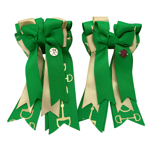 Ponytail Bows Online 3" Tails PonyTail Bows-Good Luck Gold Green Bits equestrian team apparel online tack store mobile tack store custom farm apparel custom show stable clothing equestrian lifestyle horse show clothing riding clothes PonyTail Bows-Good Luck Gold Green Bits horses equestrian tack store