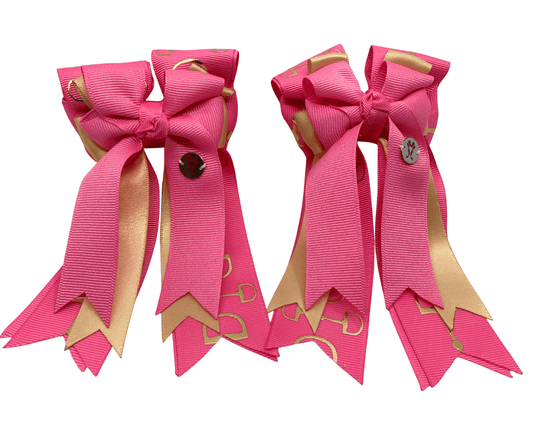 Ponytail Bows Online 3" Tails PonyTail Bows- Hot Pink/Gold Bits equestrian team apparel online tack store mobile tack store custom farm apparel custom show stable clothing equestrian lifestyle horse show clothing riding clothes PonyTail Bows- Hot Pink/Gold Bits horses equestrian tack store