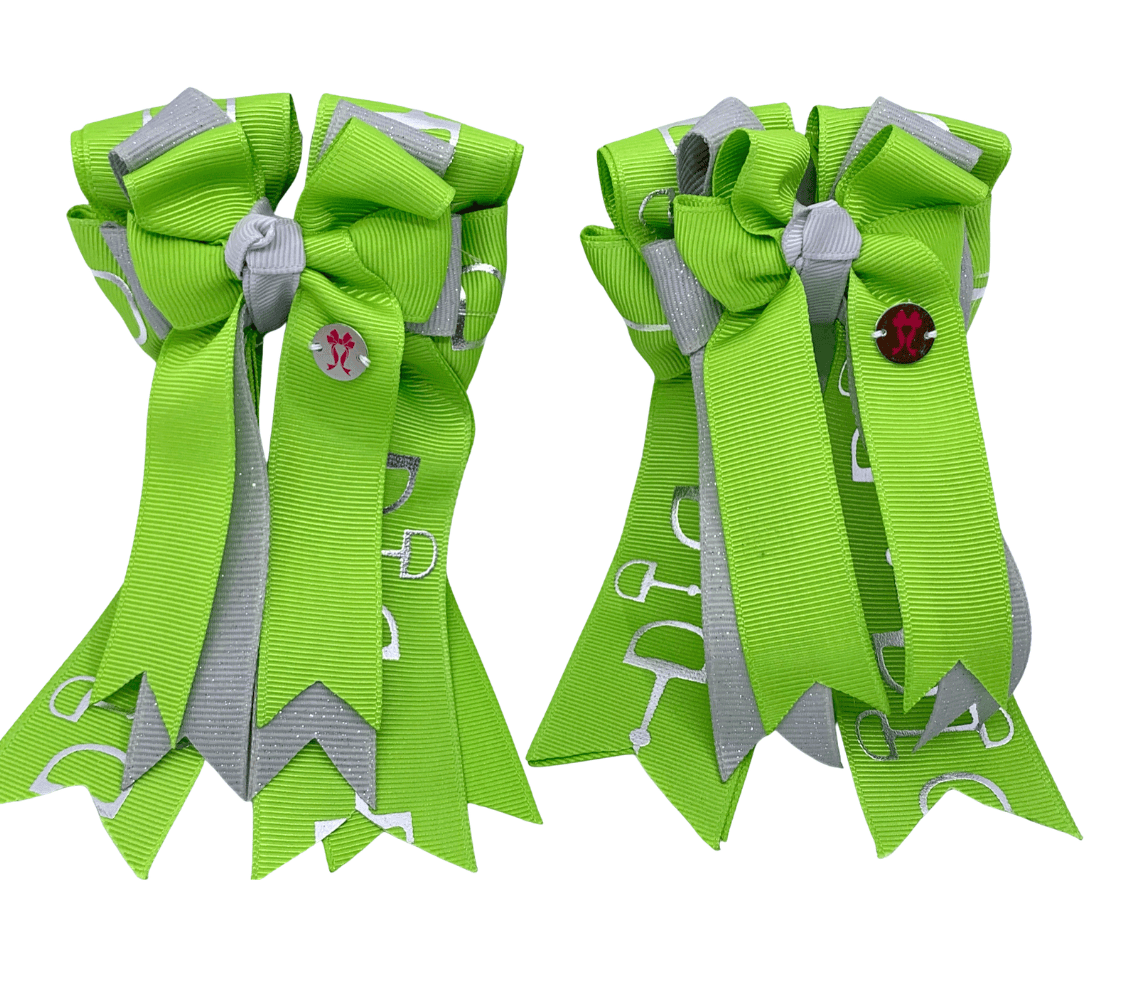 Ponytail Bows Online 3" Tails PonyTail Bows- Bits (Lime Green/Grey) equestrian team apparel online tack store mobile tack store custom farm apparel custom show stable clothing equestrian lifestyle horse show clothing riding clothes PonyTail Bows- Bits (Lime Green/Grey) horses equestrian tack store