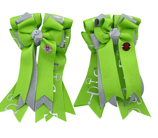 Ponytail Bows Online 3" Tails PonyTail Bows- Bits (Lime Green/Grey) equestrian team apparel online tack store mobile tack store custom farm apparel custom show stable clothing equestrian lifestyle horse show clothing riding clothes PonyTail Bows- Bits (Lime Green/Grey) horses equestrian tack store
