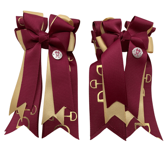 Ponytail Bows Online 3" Tails PonyTail Bows- Burgundy/Gold Bits equestrian team apparel online tack store mobile tack store custom farm apparel custom show stable clothing equestrian lifestyle horse show clothing riding clothes PonyTail Bows- Burgundy/Gold Bits horses equestrian tack store