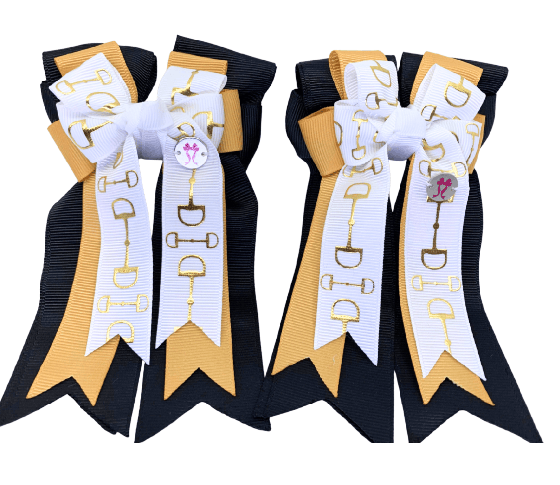 Ponytail Bows Online 3" Tails PonyTail Bows- White/Gold/Black Bits equestrian team apparel online tack store mobile tack store custom farm apparel custom show stable clothing equestrian lifestyle horse show clothing riding clothes PonyTail Bows- White/Gold/Black Bits horses equestrian tack store