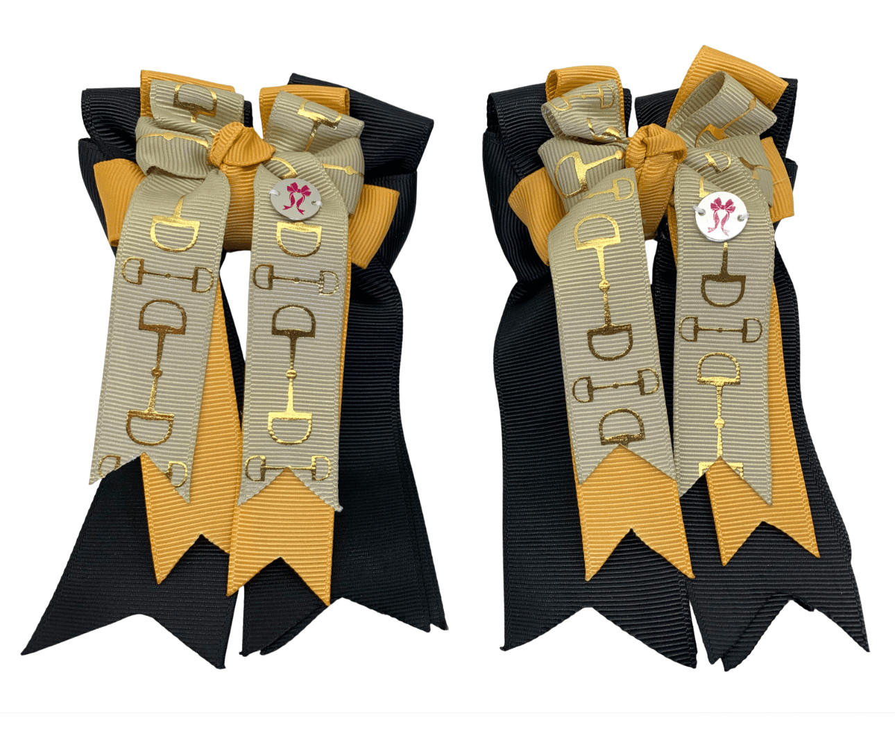 Ponytail Bows Online 3" Tails PonyTail Bows- Khaki/Gold/Black Bits equestrian team apparel online tack store mobile tack store custom farm apparel custom show stable clothing equestrian lifestyle horse show clothing riding clothes PonyTail Bows- Khaki/Gold/Black Bits horses equestrian tack store