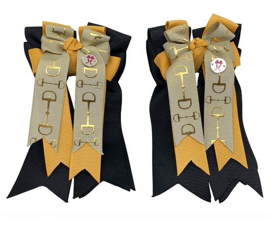 Ponytail Bows Online 3" Tails PonyTail Bows- Khaki/Gold/Black Bits equestrian team apparel online tack store mobile tack store custom farm apparel custom show stable clothing equestrian lifestyle horse show clothing riding clothes PonyTail Bows- Khaki/Gold/Black Bits horses equestrian tack store