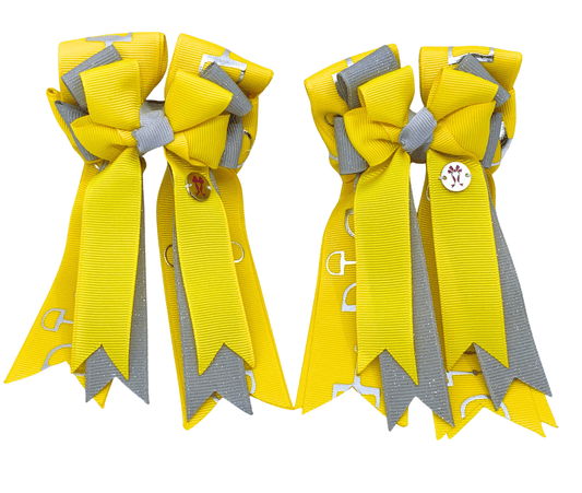 Ponytail Bows Online 3" Tails PonyTail Bows- Yellow/Gray Bits equestrian team apparel online tack store mobile tack store custom farm apparel custom show stable clothing equestrian lifestyle horse show clothing riding clothes PonyTail Bows- Yellow/Gray Bits horses equestrian tack store