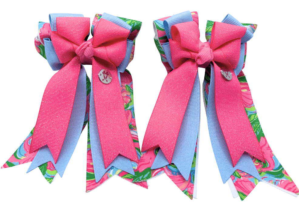 Ponytail Bows Online 3" Tails PonyTail Bows- Pink Glitter/Blue Spring equestrian team apparel online tack store mobile tack store custom farm apparel custom show stable clothing equestrian lifestyle horse show clothing riding clothes PonyTail Bows- Pink Glitter/Blue Spring horses equestrian tack store
