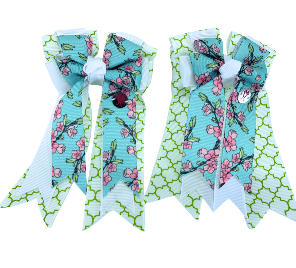 Ponytail Bows Online 3" Tails PonyTail Bows- Cherry Blossoms Green Victorian Motifs equestrian team apparel online tack store mobile tack store custom farm apparel custom show stable clothing equestrian lifestyle horse show clothing riding clothes PonyTail Bows- Cherry Blossoms Green Victorian Motifs horses equestrian tack store