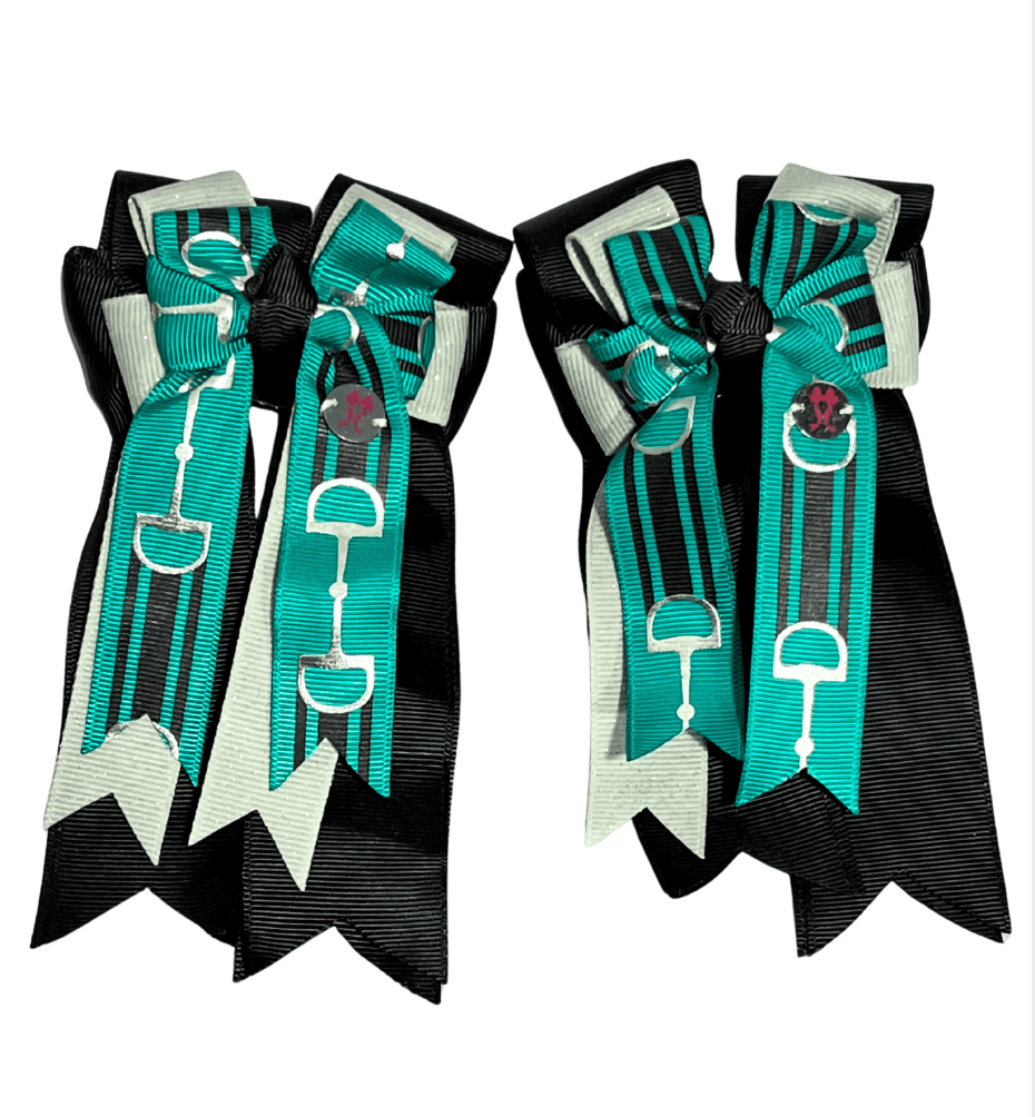 Ponytail Bows Online 3" Tails Black/Grey Teal Bits PonyTail Bows equestrian team apparel online tack store mobile tack store custom farm apparel custom show stable clothing equestrian lifestyle horse show clothing riding clothes Black/Grey Teal Bits PonyTail Bows horses equestrian tack store