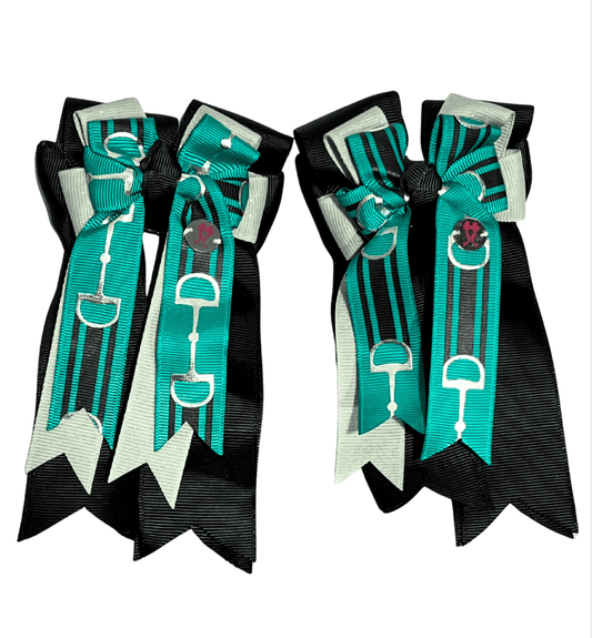 Ponytail Bows Online 3" Tails Black/Grey Teal Bits PonyTail Bows equestrian team apparel online tack store mobile tack store custom farm apparel custom show stable clothing equestrian lifestyle horse show clothing riding clothes Black/Grey Teal Bits PonyTail Bows horses equestrian tack store