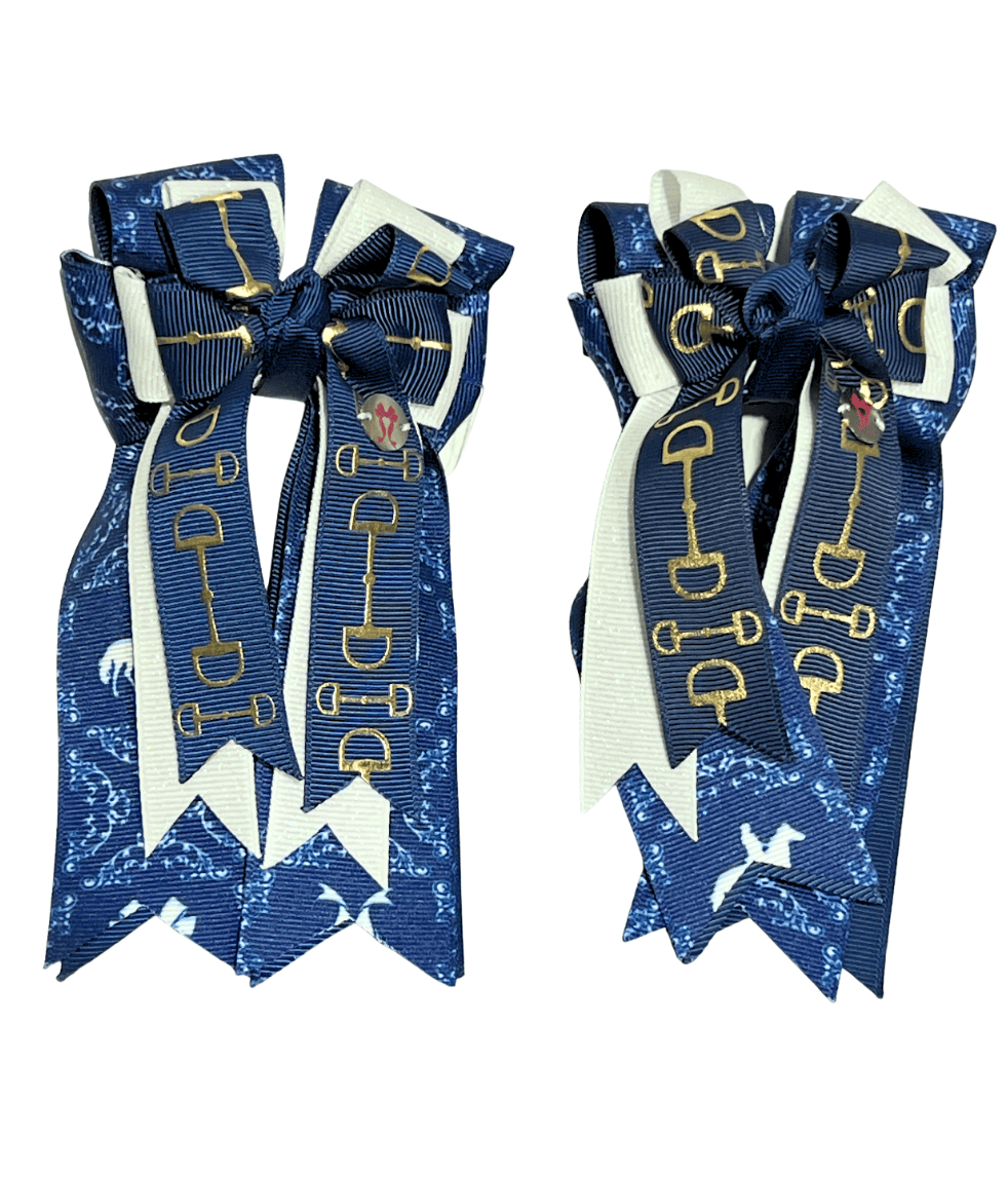 Ponytail Bows Online 3" Tails PonyTail Bows- Delegate Navy/Gold Bits equestrian team apparel online tack store mobile tack store custom farm apparel custom show stable clothing equestrian lifestyle horse show clothing riding clothes PonyTail Bows- Delegate Navy/Gold Bits horses equestrian tack store