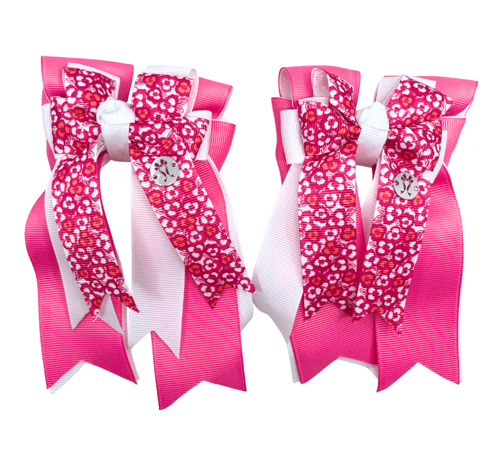 Ponytail Bows Online 3" Tails Pink Florals/White PonyTail Bows equestrian team apparel online tack store mobile tack store custom farm apparel custom show stable clothing equestrian lifestyle horse show clothing riding clothes Pink Florals/White PonyTail Bows horses equestrian tack store