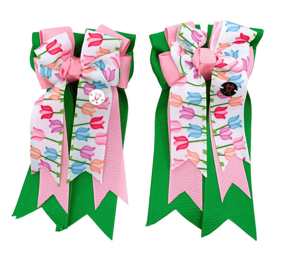 Ponytail Bows Online 3" Tails PonyTail Bows- Green Pink Tulips equestrian team apparel online tack store mobile tack store custom farm apparel custom show stable clothing equestrian lifestyle horse show clothing riding clothes PonyTail Bows- Green Pink Tulips horses equestrian tack store